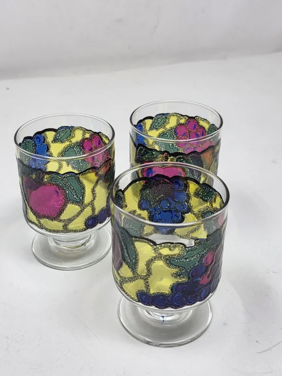 Libbey Set of 3 Colorful Hand-Painted Fruit Cocktail footed Glasses Vintage