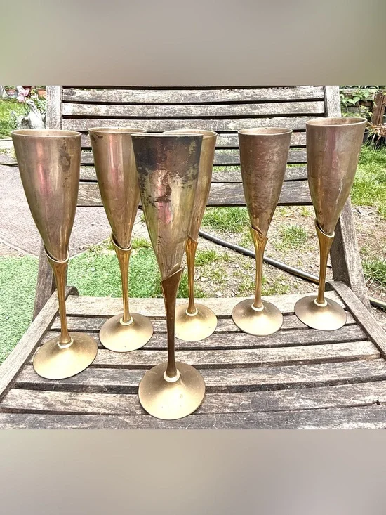 Vintage Six Solid Long Stem Tulip Silver Plate & Brass Champagne Flutes, India