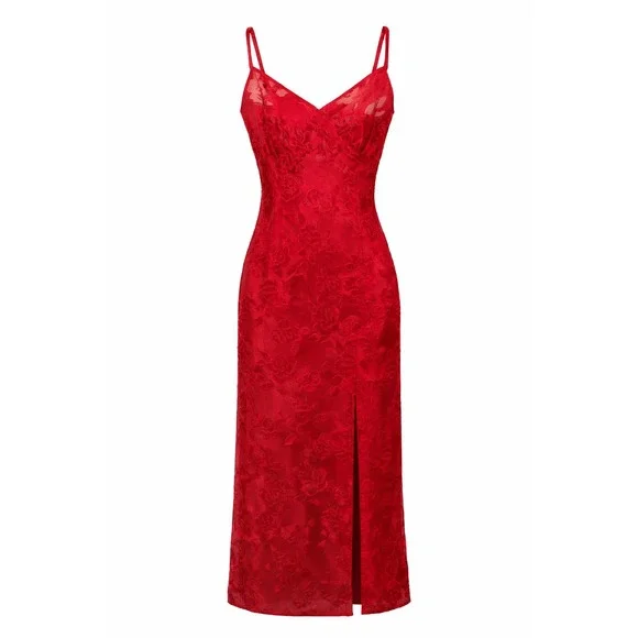 Victoria's Secret‎ Gold Label Red Lace Romantic Maxi Slip Dress, Small
