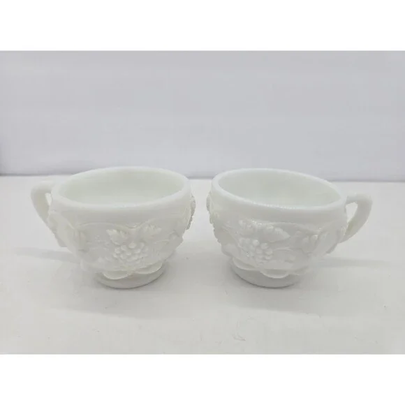 Vintage Westmoreland Paneled Grape Milk Glass Punch Bowl Cups  Set of 2