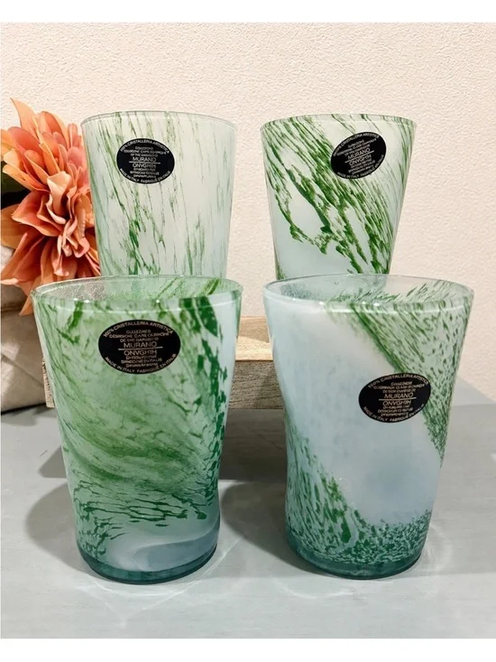 Murano Glass Tumbler Set 4 Green Hand Blown Drinking Glasses 4 7/8in Italy