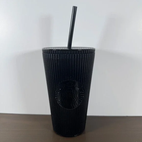 Starbucks Black Pleated Tumbler 16oz Cold Cup Grande Matte Lid Straw Coffee 2024