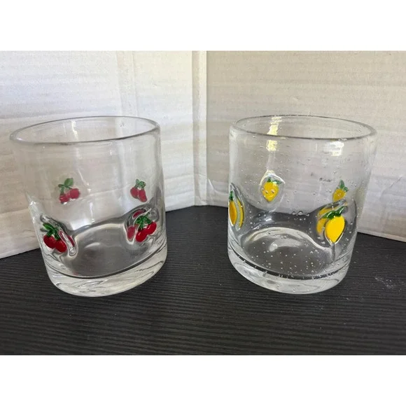 Vtg Style Fruit Juice Glasses Set of 2 Cherry Lemon Raised Design Clear Glass