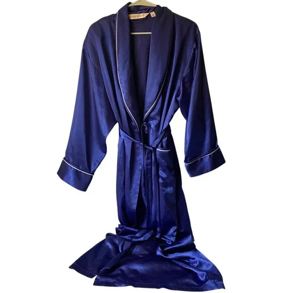 Victorias‎ Secret Royal Blue Maxi Satin Robe White Piping Pockets Women M/L