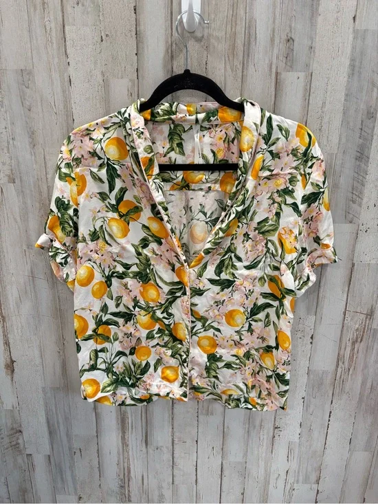 By Anthropologie Lemon Citrus Floral Satin Pajama Sleep Top Medium Button Front