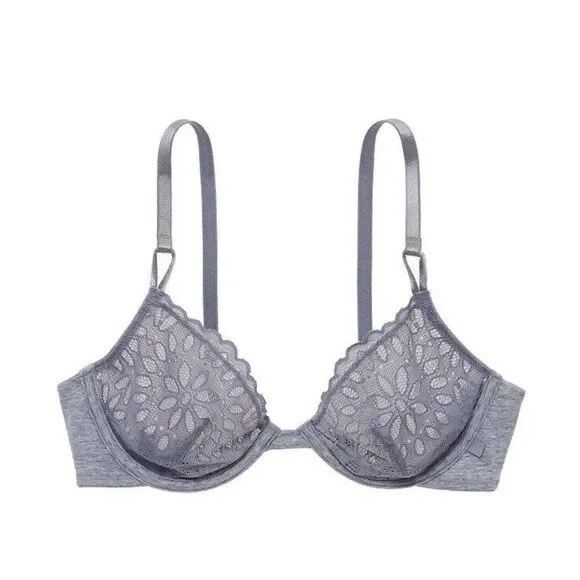 Victoria's Secret‎ - Cotton Eyelet Unlined Demi Bra - Gray Lace Sz 38DD