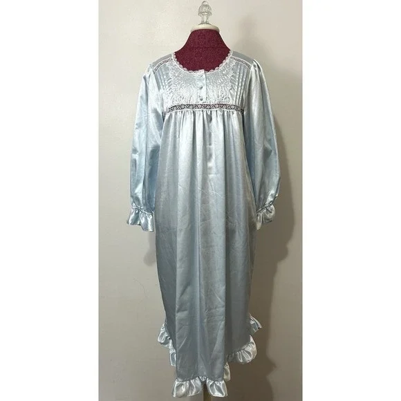 Partners Intimates Nightgown Medium Blue Lace Embroidered Victorian Grannycore