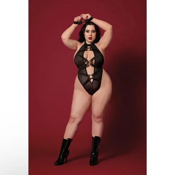 Dreamgirl Black Strappy Mesh Teddy Plus Size‎ Queen w Wrist Restraints