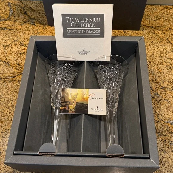 Waterford Crystal Millennium Collection Happiness Toasting Flutes New in Box