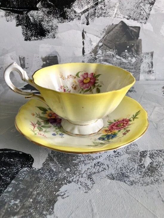 Queen Anne Bone China Yellow Teacup and Saucer, Rose Pattern