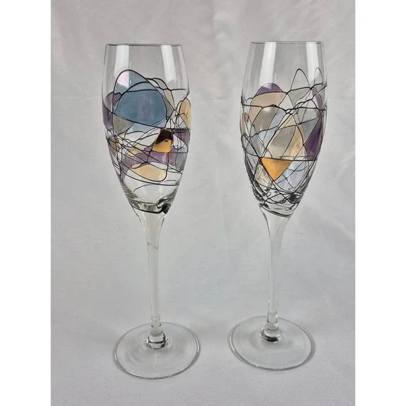 Set 2 Hand Painted Art Glass Champagne Flutes Abstract Gold Purple Toast Glasses