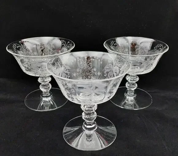 Vintage Heisey Orchid Etched Crystal Low Sherbet Champagne Coupe Glasses Set 3