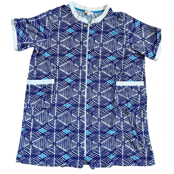 STAN HERMAN Zip Front Blue Lounge Robe Duster Housecoat 3X Womens‎ Geometric