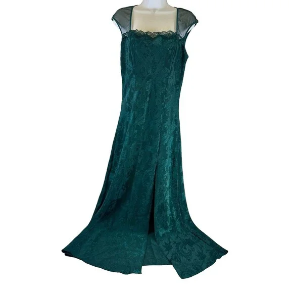 Victorias Secret Gold Label Emerald Green Satin Maxi Slip Gown Floral Jacquard L