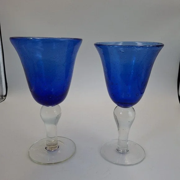 Pair Hand Blown Cobalt Blue Bubble Glass Goblets Clear Stem 8.5