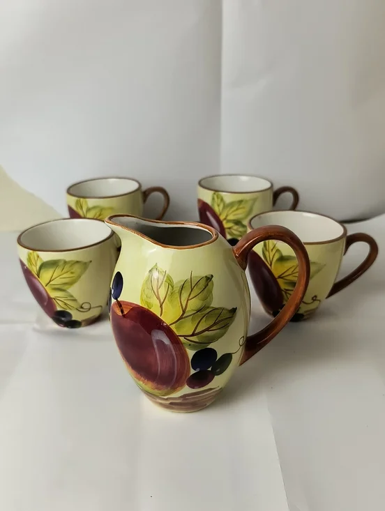 Bombay Handpainted Fruit Pattern Ceramic Pitcher and Mugs Set - Yellow and Brown