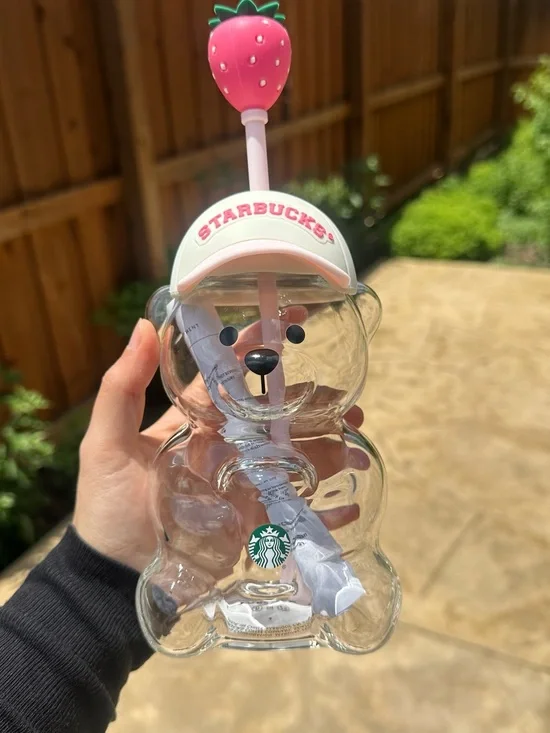Starbucks Clear Bear Sipper Bottle with Pink Hat & Strawberry Straw Top