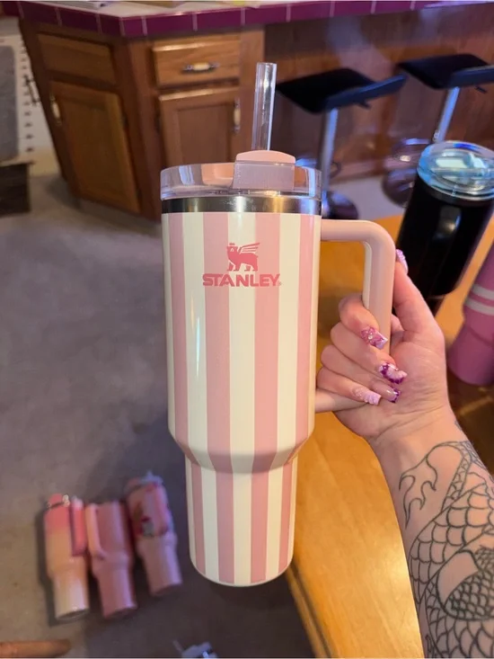 Stanley Pink and White Striped Travel Tumbler with Handle