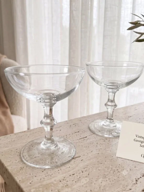 Vintage Libbey Georgian Clear Glass Champagne Coupe Cocktail Glasses Set of 2