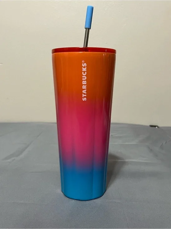 Starbucks Summer 2023 Tumbler Puffy Gradient Pink Orange Blue 24Oz Metal Cup