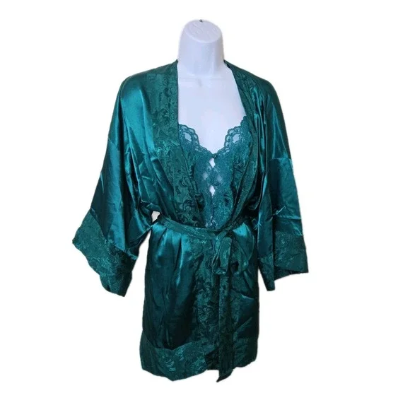 Vintage Victoria's Secret Satin Green‎ Jacquard 3 Pc Set Robe Panties Camisole M