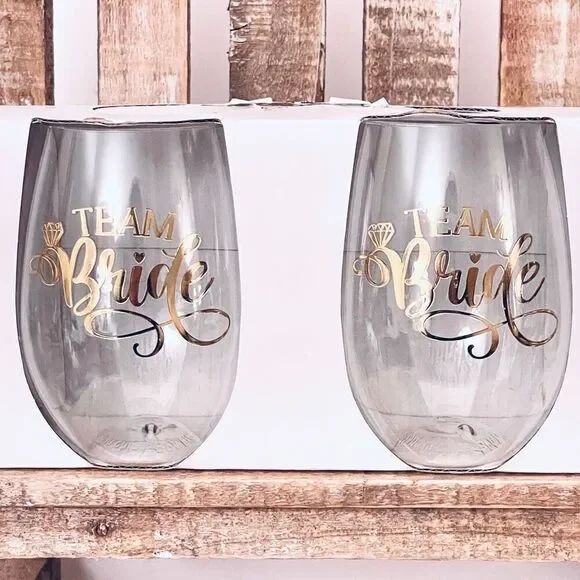 NWT Gorgeous Set of 2 Team Bride 2-Piece Stemless Wine Glass Bridesmaids Perfect