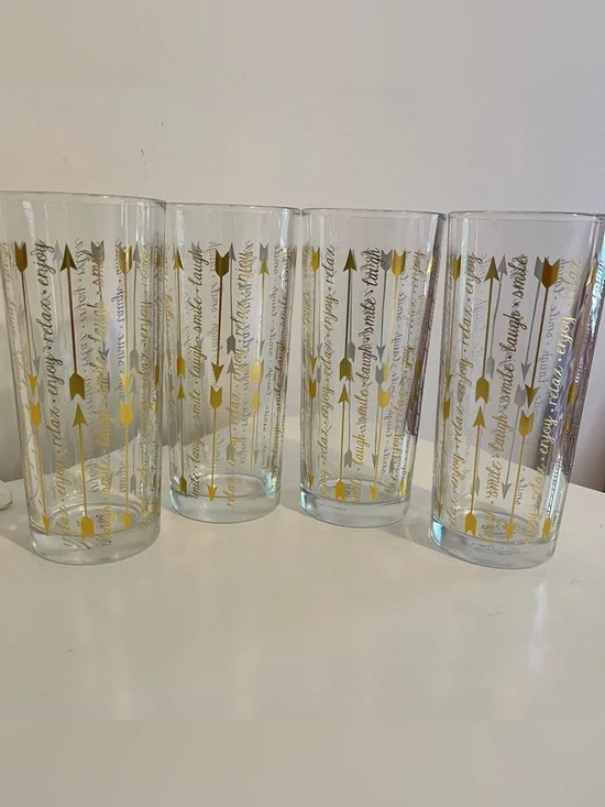 Vtg TMD HOLDINGS Gold Arrows High Ball Glasses Set Of 4 Smile Laugh, Enjoy Relax