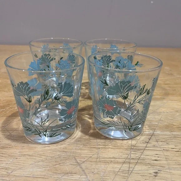 Vtg Taylor Smith & Taylor Teal Ever Yours Floral Juice Glasses Set of‎ 4 MCM