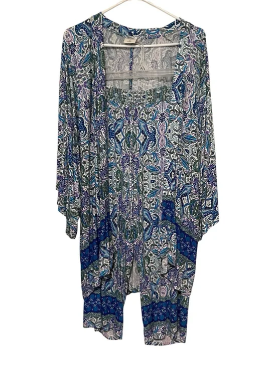 Soma Cool Night 2pc Robe Pajama Set Medium  Folklore Blue Kimono Wrap Crop Pant