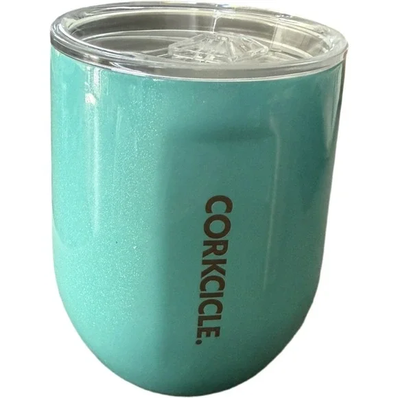 Corkcicle Stemless Wine Tumbler 12oz Glitter Turquoise W/Lid Metal Stainless