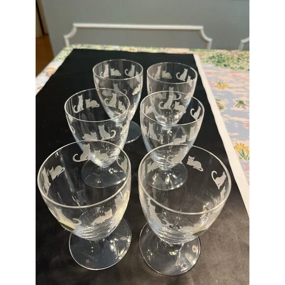 6pc Lenox Crystal Clear Etched Frosted Kitten Cat Dessert Water Footed Glasses