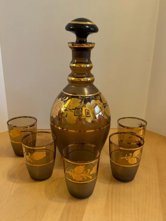 VTG Czech Bohemia smoky glass decanter set w/gilded trim and floral accents