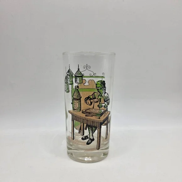 Vintage Tinsmith Colonial Trades Highball Glass Green Tan Graphic Tumbler 5.5