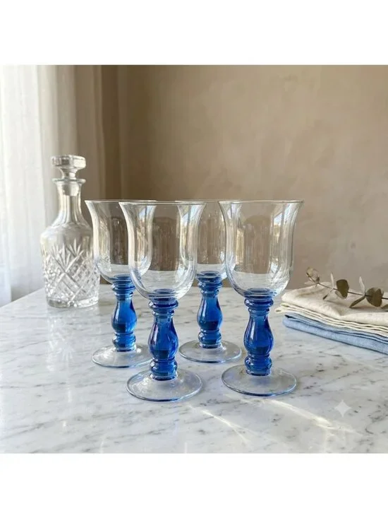 Vintage Royal Blue Stem Wine Glasses Water Goblets Tulip Clear Bowl Set of 4
