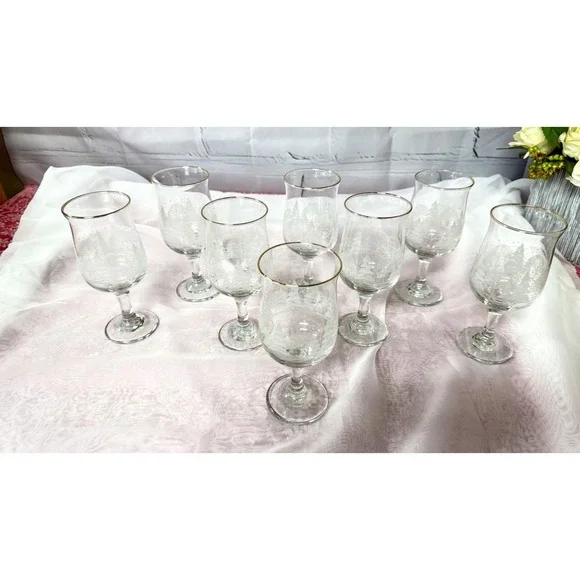 VTG Libbey Arby's Etched Winter Scene Wine Glasses Gold Rim Set 8