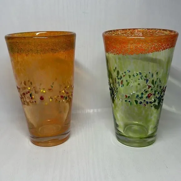 Tinted‎ Green Glass with Textured Specks of Paint and Orange Rim Unique Art Deco