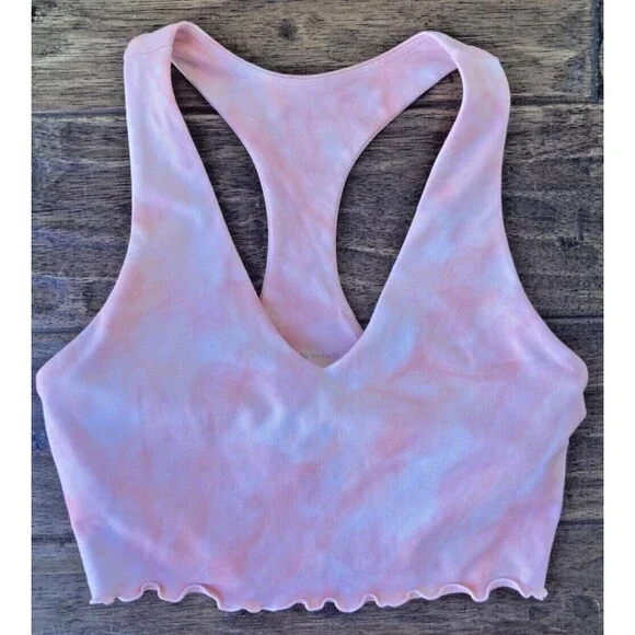 Carbon38 Women's Sports Bra Small Pink Tie Dye Ruffle Hem V neck Racerback