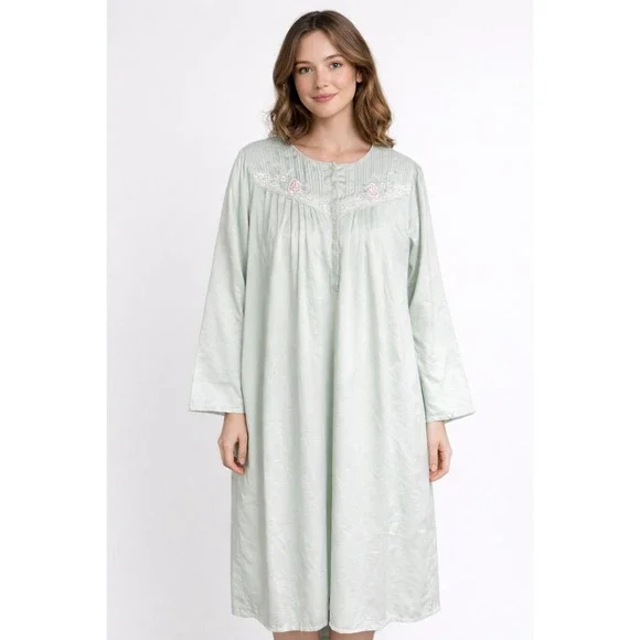 Earth Angels‎ Satin Embroidered Floral Lace Nightgown Flannel Lined Green Medium