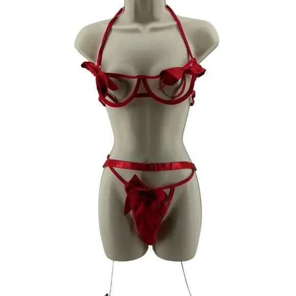 Womens Red Hot Sexy Lingerie Naughty Play Set 3 Pcs Sleepwear Lace Medium