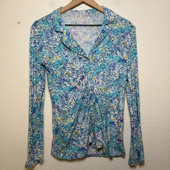 Lilly Pulitzer‎ Pajama Top XS Blue Modal Ruffle Melon Fig Tint Monkey Print