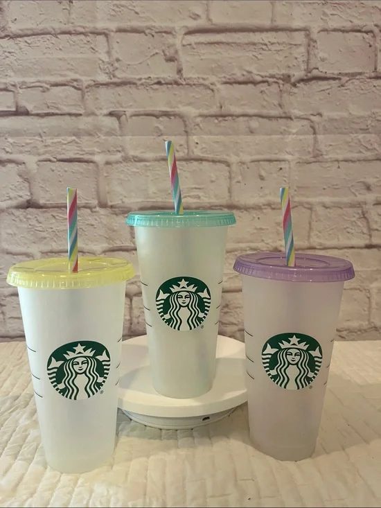 Starbucks Reusable Cups with Yellow, Teal, and Purple Lids