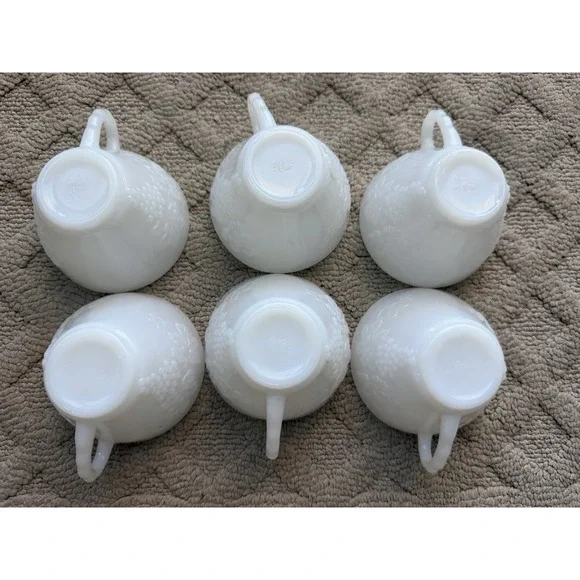 6 White Punch Cups Anchor Hocking Milk Glass Grape Pattern