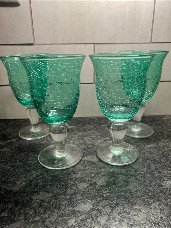 Set of 4 Artland Iris Light Green Cracked-Glass Aqua Goblets
