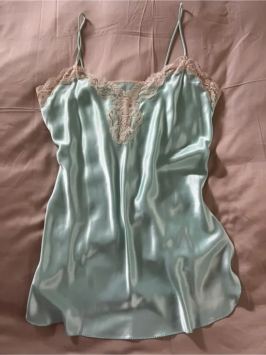 Vintage California Dynasty Aqua Satin Lace Chemise Made in USA Y2K 90s Lingerie