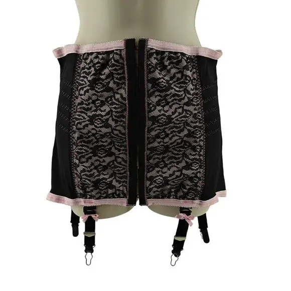 Vintage Torrid Black Lace Baby Pink Waist Cincher with Detachable Garter Plus 1X