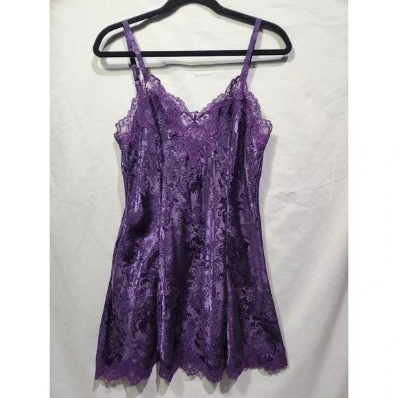 VTG Victorias Secret Gold Label Satin & Lace Floral Paisley Purple Slip Dress  S
