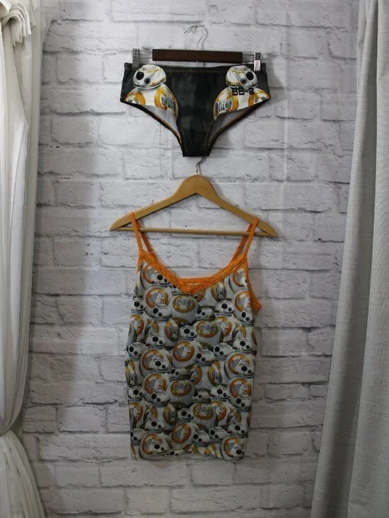 Star Wars BB8 Sleepwear Set Orange Black Large Summer Loungewear Lace Trim