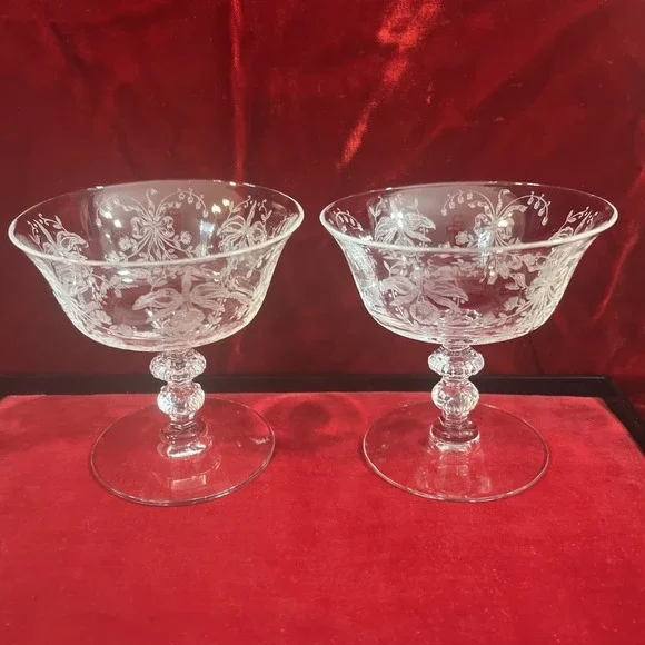 set of 2 Heisey‎ Etched glass Orchid sherbets Champagne goblets