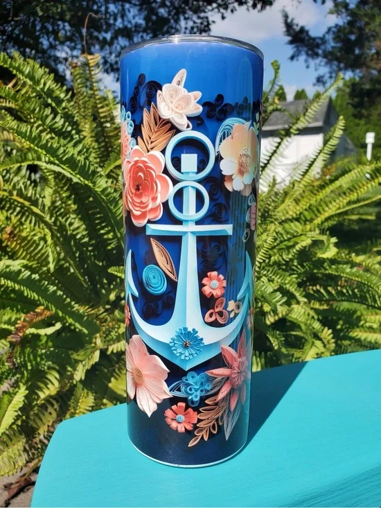 Nautical Anchor Floral Stainless Tumbler - Blue with Coral Accents