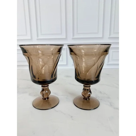 VTG Pair (2) Fostoria Jamestown Brown Swirl Water Goblets 5 7/8